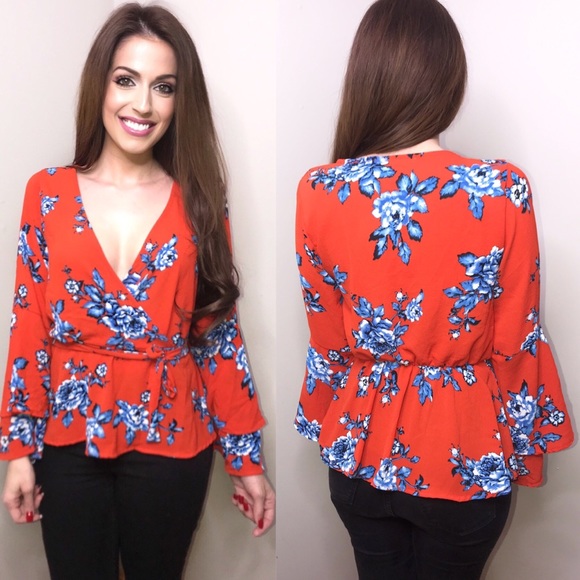 Tangerine floral surplice top - Picture 4 of 5